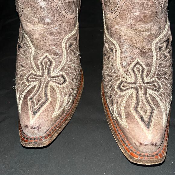 CORRAL WOMEN BROWN GLITTER INLAY CROSS AND WING EMBROIDER LEATHER COWBOY BOOT 8 - Picture 8 of 11